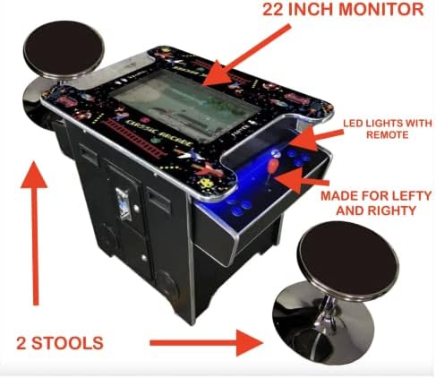 Full Size Commercial Grade Cocktail Arcade Machine 2 Player Retro 60 Games 22" LCD Screen Tempered Glass 2 Stools Included 5 Year Warranty Black