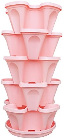 Mr. Stacky 5-Tier Pink Strawberry and Herb Garden Planter - Stackable Gardening Pots with 10 Inch Saucer