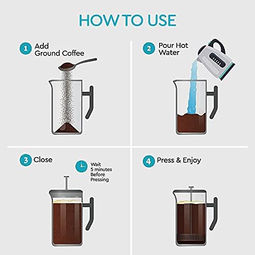 French Press Coffee Maker - 50oz Stainless Steel, Insulated Coffee Press | Large 6 Cup 50oz Capacity, Double Wall Keeps Coffee Hot, 4 Level Filter for Ground Free Coffee, 2 Extra Filters, Matte Black