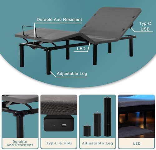 Fromann Adjustable Twin XL Bed Base Frame with Wireless Remote,USB Ports, Zero Gravity,Under Bed Led Lighting (Includes Synchronization Connector to King)