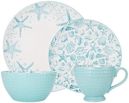 Pfaltzgraff Venice 16-Piece Stoneware Dinnerware Set, Service for 4, Aqua and White Color Combination, Durable and Chip Resistant, Microwave Safe