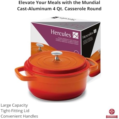 Hercules by Mundial, Cast-Aluminum Dutch Oven Pot with Lid & Handles, All Stove types, Oven-Safe Casserole Cookware with Nonstick Enamel, Orange 26L