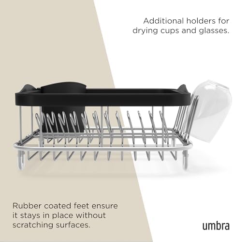Umbra Sinkin Dish Drying Rack, in Sink or Countertop Drainer, Black/Nickel | Removable utensil holder, non slip rubber feet, fits standard sizes, coated wire and plastic