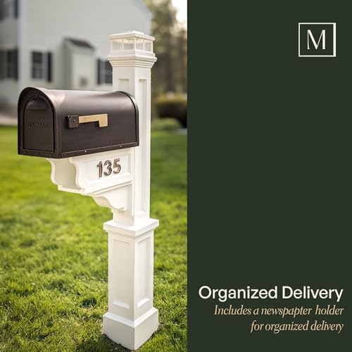 Mayne Dover Decorative Mailbox Post with Newspaper Holder, White | For post-mount mailboxes, Weather & fade resistant, All season, 15-year warranty
