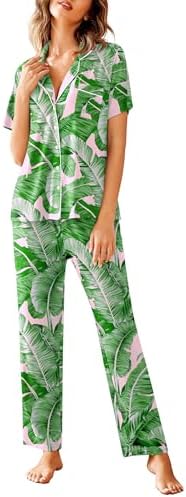 Avidlove Women Pajamas Set Notch Collar Soft Sleepwear Pjs Short Sleeve Button Down Nightwear with Long Pants