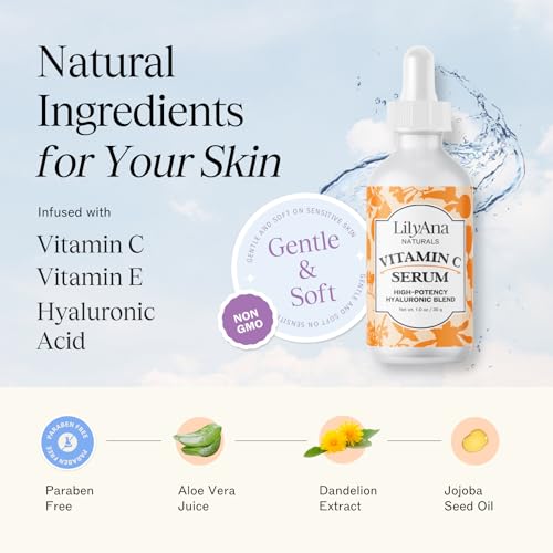 LilyAna Naturals Vitamin C Serum for Face with Hyaluronic Acid and Vitamin E, Anti Aging Serum, Reduces Age Spots and Sun Damage, Promotes Collagen and Elastin (1oz)