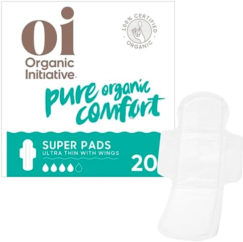 Oi | Organic Initiative - Ultra Thin Pads with Wings, 20 Count (10 Regular/10 Super) | 100% Certified Organic Cotton Pads, Unscented | Leak Free, Biodegradable Thin Pads for Women | Non-GMO, Non Toxic