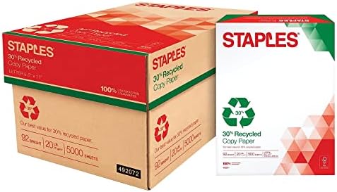 Staples 30% Recycled 8.5-Inch X 11-Inch Copy Paper 20 Lbs 92 Brightness 500/Ream, For Office, School & Home