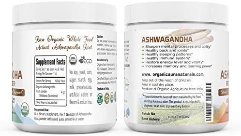 Certified Organic Ashwagandha Root Powder 16Oz -1Lb. Natural Stress, Brain and Immune Support. Enhances Overall Health. Raw Superfood. 100% Natural Herbal