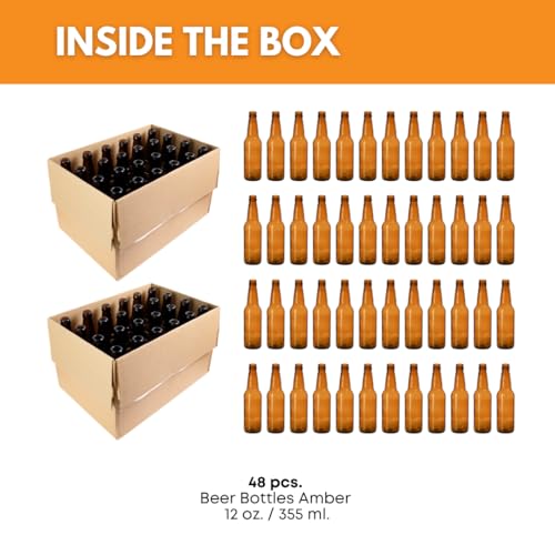 FastRack Amber Beer Bottles 12oz (Pack of 48) | Longneck Glass Beer Bottles with Pry-off Crown Finish for Home Brewing Mead