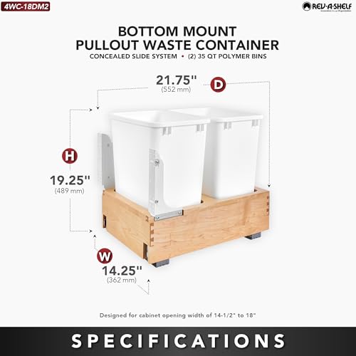 Rev-A-Shelf Double Pullout Trash Can w/Soft-Close Slides, 14.5" Min Opening | Large Capacity Garbage/ Recycling Waste Bins for Under Kitchen Cabinets, Heavy Gauge Wire Construction, 4WC-18DM2