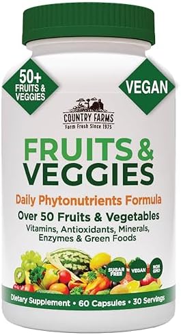 Country Farms Super Fruits and Veggies Capsules, Whole Food Supplement, Powerful Antioxidant, Supports Energy, Immune Health, Boosts Digestive Health, 30 Super Foods, 30 Servings