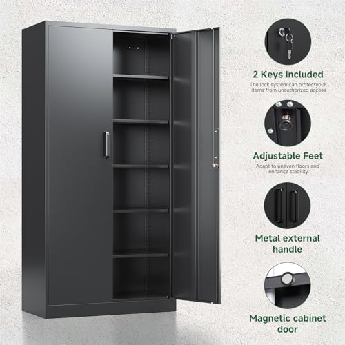 Metal Garage Storage Cabinets with Lock-72 Tall Tool Organizer Steel Lockers, 5 Adjustable Layers Shelves for Home, Office, Warehouse, Garage