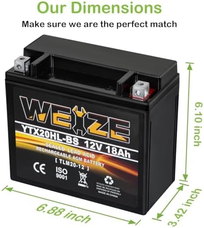 Weize YTX20HL-BS Battery, High Performance - Maintenance Free - Sealed AGM ETX20HL BS Motorcycle Battery