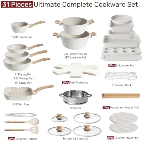 Kikcoin Pots and Pans Set Non Stick 31 Piece Kitchen Nonstick Cooking Cookware Sets with Grill Pan Saucepan Baking Sheet Utensil, Black