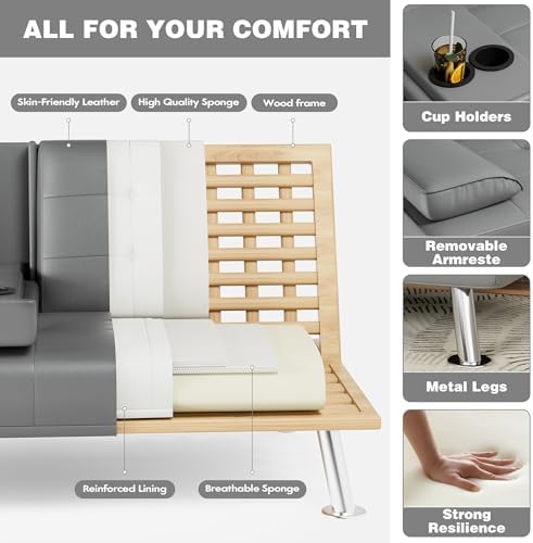 JUMMICO Faux Leather Futon Sofa Bed, Sleeper Sofa with Adjustable Backrest