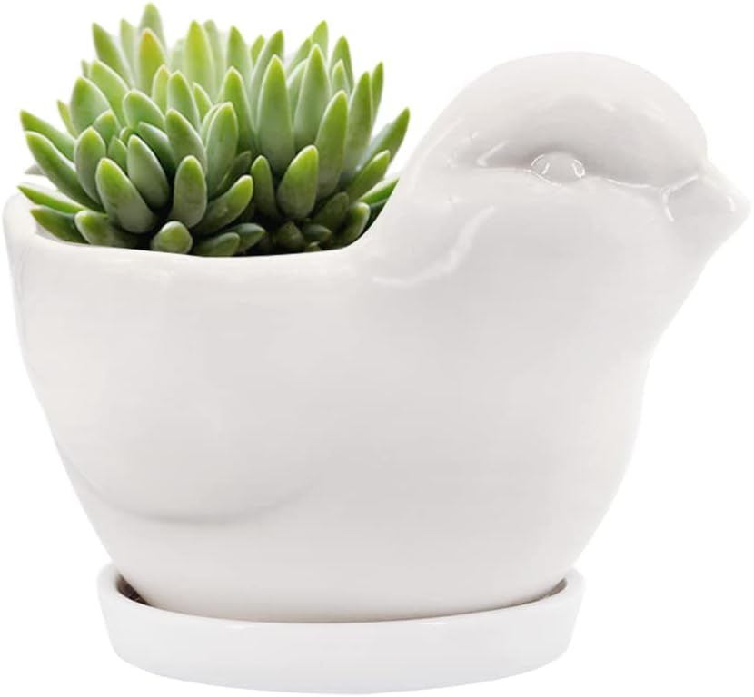 GeLive White Cow Succulent Pot, Small Ceramic Animal Planter with Drainage Hole & Saucer for Cactus, Mini Air Plants, Pencil Holder Brush Organizer, Indoor Home Office Desk Decor, Funny Gift