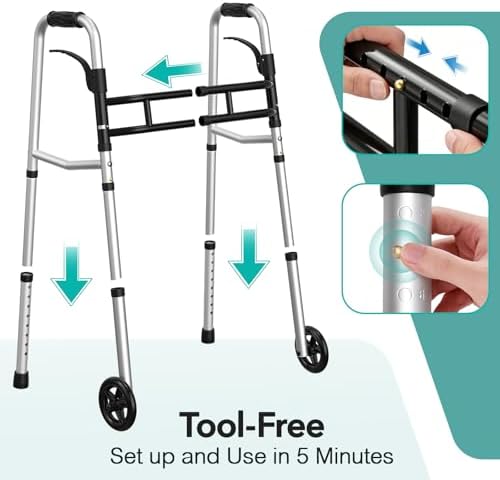 HOMENURSE Folding Walkers for Seniors with Skis, Width & Height Adjustable | Narrow Walker with 5" Wheels for Small Spaces, Aluminum Lightweight Standard Rolling Walker, Supports Up to 300lbs, Silver