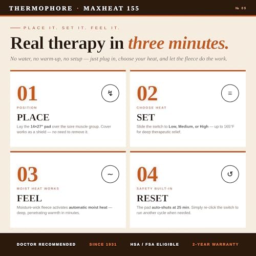 Thermophore MaxHEAT Automatic Moist Heating Pack Model 155 – Large 14" x 27" XL Heating Pad, Deep Heat Therapy for Muscle, Back & Joint Pain Relief