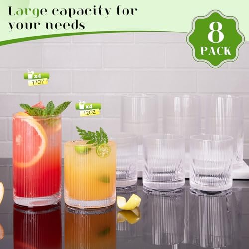 Ribbed Drinking Glasses Cups Set of 8 Large Capacity Highball 17oz&12oz | Rocks Cocktail Glasses Ideal for Beer, Juice, Water, Ice Coffee Cup, Whiskey