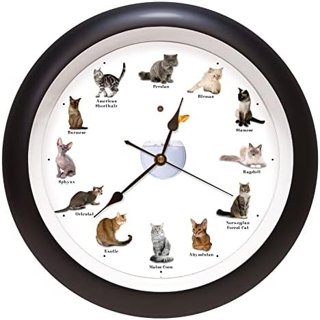 Mark Feldstein & Associates Meowing Cat Sounds Wall Clock, 13", Black, 12 Popular Breeds