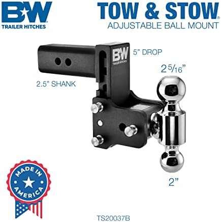 B&W Trailer Hitches Tow & Stow Adjustable Trailer Hitch Ball Mount - Fits 2.5" Receiver, Dual Ball (2" x 2-5/16"), 5" Drop, 18,000 GTW - TS20037B