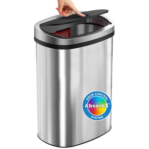 iTouchless 50 Liter / 13 Gallon Kitchen Trash Can with Lid & Deodorizer – Motion Sensor Semi-Round Stainless Steel Garbage Bin for Home, Office, or Garage – Slim, Wide Opening Large Capacity Design