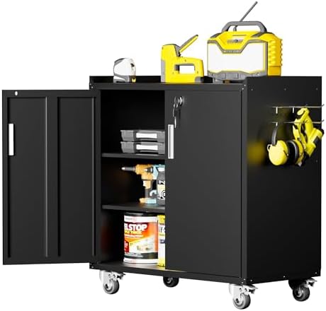 LCAOPC Metal Storage Cabinet with Wheels - Lockable, Rolling Tool Cabinet for Home, Office, Garage & Workshop - Black