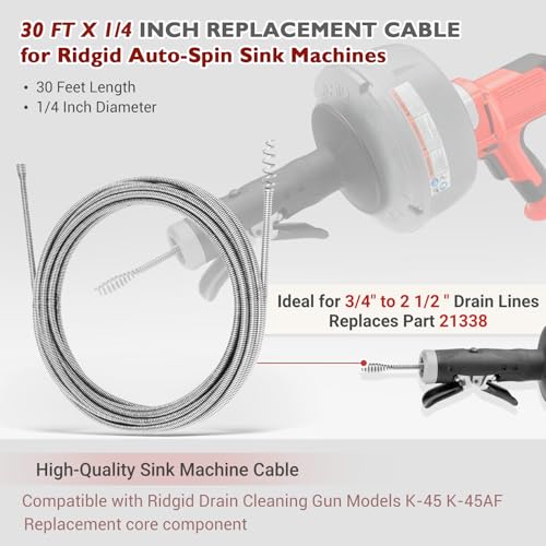 Replacement Drain Snake Cable Compatible with Ridgid K-45 & K-45AF Auto-Spin Drain Augers, 21338 Inner Core Cable, 30 Ft x 1/4 in