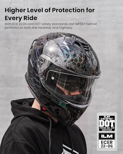 ILM Motorcycle Helmets DOT ECE Dual Visor Street Racing Helmet Full Face Powersports Cascos for Men Women Model MF567(Cobra Camaleon Gold, L)