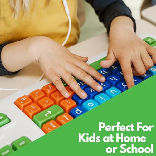 Clevy Keyboard Tri-Mode Uppercase - Kids Uppercase USB & Blutooth Compatible Colorful Spill Proof Keyboard for Early Education - Designed to Help Teach Computer and Keyboard Skills to Children