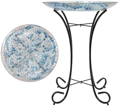 Alpine Corporation 24" Tall Outdoor Floral Mosaic Glass Birdbath with Metal Stand and Detachable 18 Inch Diameter Bowl, Garden Decor