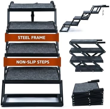 Foldable Dog Stairs for Cars Trucks & SUVs - Heavy-Duty Carbon Steel Pet Ladder Supports 230LB - Non-Slip Metal Mesh Joint-Friendly Portable Ramp for Large Dogs - 5 Step Pet Stairs w/Mat