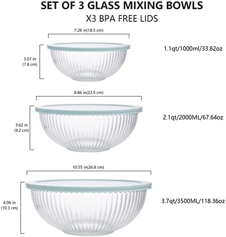 Luvan Glass Mixing Bowls with Lids Set(4.5QT, 2.7QT, 1.1QT)-Large Glass Mixing Bowls, Clear Salad Bowl for Baking, Cooking, Serving, Food Prep, 3PC Nesting Bowls for Kitchen Storage & Dishwasher Safe