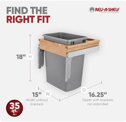 Rev-A-Shelf Top Mount Single Pullout Under Cabinet 35 Quart Kitchen Trash Can w/Storage & Reduced Depth, 150 Pound Rated Full-Extension Slides