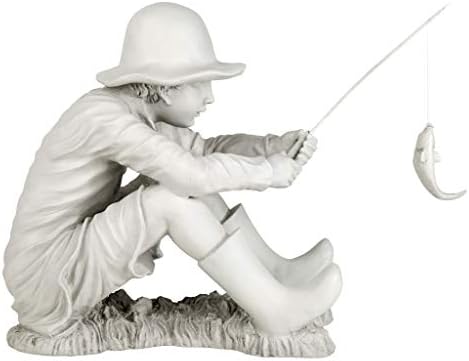 Design Toscano Frederic the Little Fisherman of Avignon Boy Fishing Garden Statue, 15 Inch Tall, Cast Stone Resin, Two Tone Stone Finish