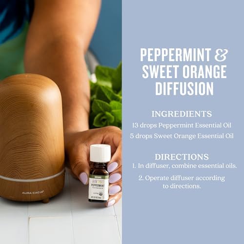 Aura Cacia Organic Peppermint Essential Oil, Mentha Piperita Oil, Cooling Aromatherapy for Diffusers, Skincare, Massage