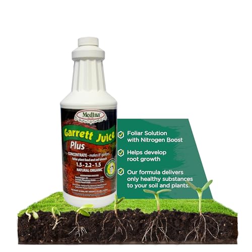 Medina Garrett Juice Plus Liquid Fertilizer, Houseplants & Garden - 1 Qt | Foliar Spray & Soil Drench | Vegetables, Flowers, Lawns & Trees | Seaweed & Fish Hydrolysate | Feed Every 1-2 Weeks