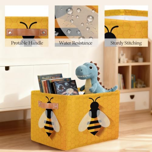 Cute Bee Square Storage Basket Bin Canvas Fabric Compressible Organizer Basket with Handle for Bedroom Nursery Office, 1PCS