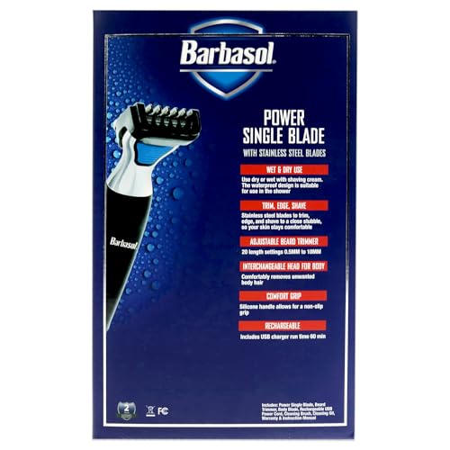 Barbasol Rechargeable Electric Wet and Dry Single Blade Shaver with Stainless Steel Blades and Adjustable Beard Trimmer Attachment