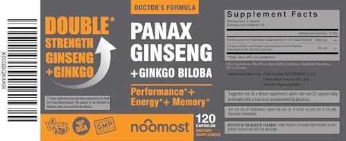 Authentic Korean Red Panax Ginseng + Ginkgo Biloba, 120 Vegan Capsules, Ginseng Root Extract Powder 1000mg (10% Ginsenosides) + Gingko Biloba 60mg