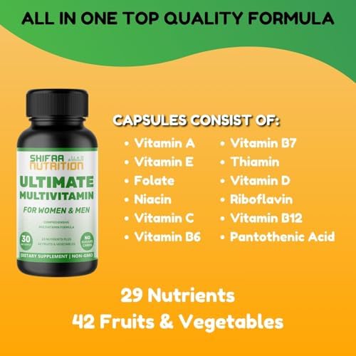 SHIFAA NUTRITION Halal Multivitamins for Women, Men & Adults, 30 Servings | Iron, Vitamin A, B6, B12, Biotin, Niacin, C, D3, E, Zinc, Calcium