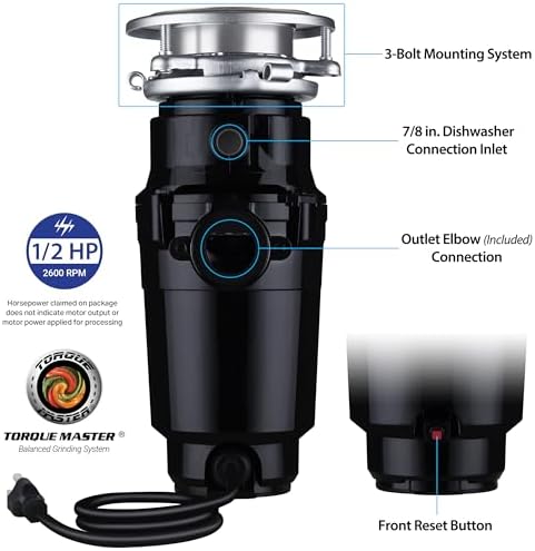 Waste Maid Garbage Disposal, Anti-Jam, Continuous Feed, 1/2 HP Standard | Anti-Jam Stainless Steel Food Waste Grinding System, Quiet Continuous Feed, Easy 3-Bolt Mount, 8-Yr Warranty 10-US-WM-158-3B