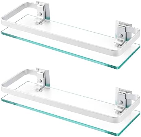 KES Glass Shelves for Bathroom, Floating Tempered Glass Shelves 14 Inch | Aluminum Extra Thick 2 Pack Rectangular Storage Organizer Wall Mount Silver