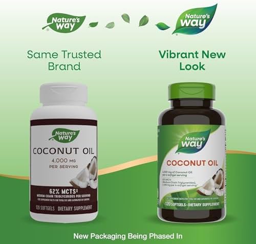 Nature's Way Coconut Oil Softgels, 4, 000 mg Coconut Oil per Serving, 120 ct | 62% MCTs(1), Hexane-Free, Gluten-Free
