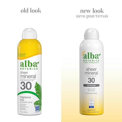 Alba Botanica Sheer Mineral Sunscreen Spray, SPF 30, Fragrance-Free Broad Spectrum, Water Resistant and Biodegradable, 5 fl. Oz. Bottle