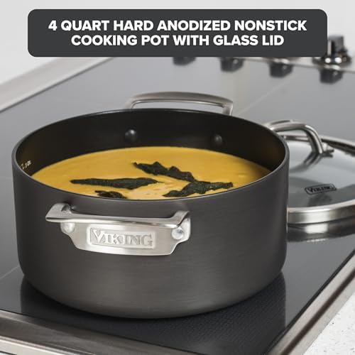 Viking Non Stick Stock Pot, 4 Quart Hard Anodized Nonstick Soup Cooking Pot wth Glass Lid