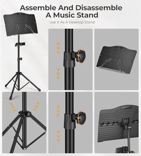 Music Stand, Vangoa Folding Sheet Music Stand with Detachable Microphone Stand & Phone Holder, Portable Lightweight with Music Sheet Clip Holder & Carrying Bag for Instrumental Performance