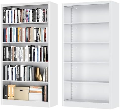 Bookcase,5 Tier White Bookshelves,66" Tall Free Standing Metal Bookcase with Adjustable Storage Shelves, Industrial Wide Bookshelf for Bedroom Living Room Home Office School