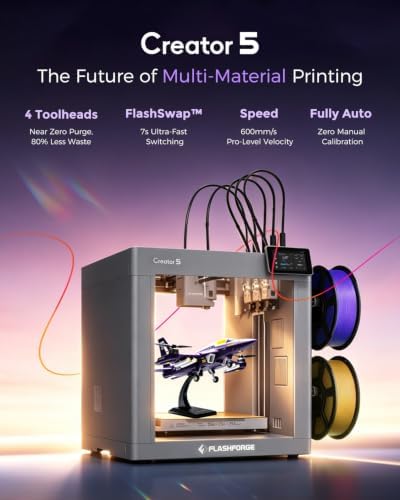 FLASHFORGE Creator 5 4-Toolhead Changer 3D Printer, Multi-Color & Multi-Material Printing, Near-Zero Waste System, 7s FlashSwap, Clean Support Removal